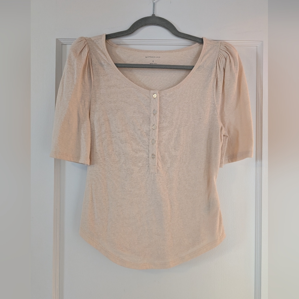 By Anthropologie Puff-Sleeve Henley Top size Small in sand